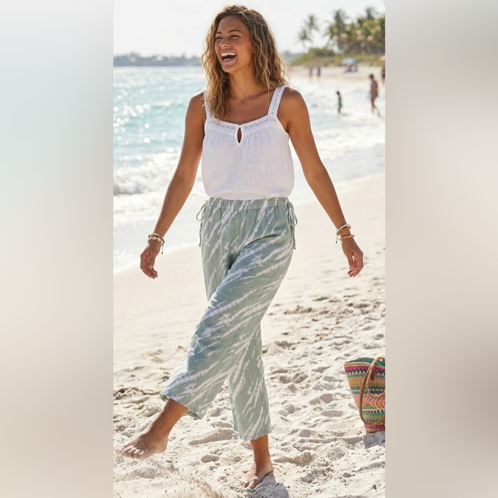 Forever 21 Sage Green Tie-Dye Linen Blend Wide Leg Pants Size Large 7/8 length
